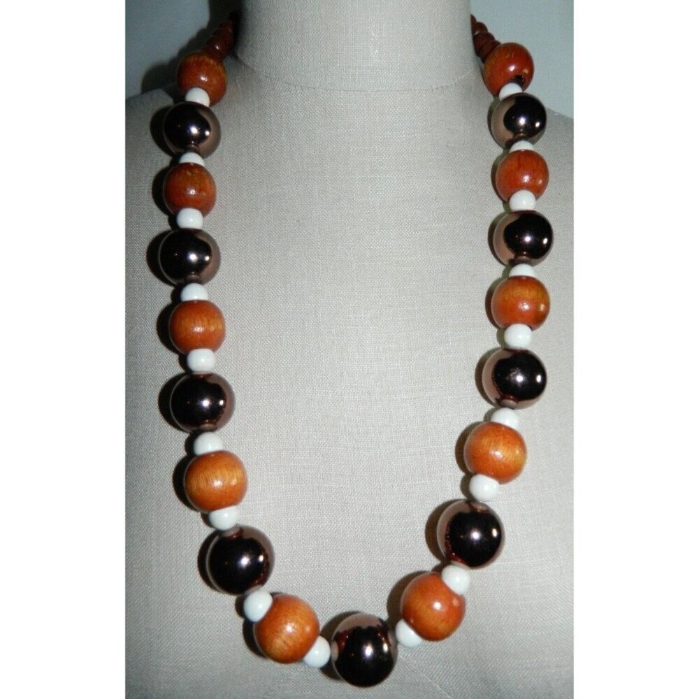 VTG Silver Tone Wood Bronze Color Metallic Cream Bead Long Necklace